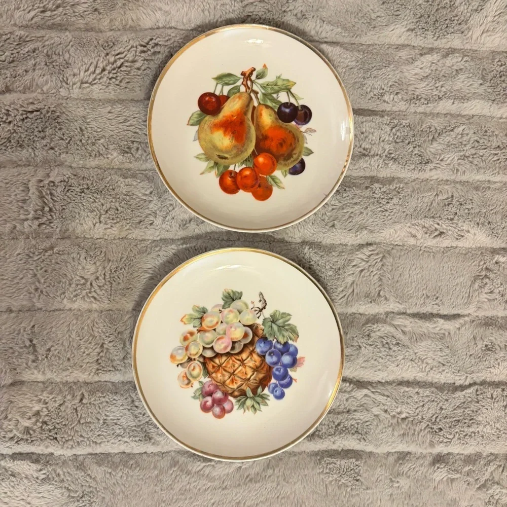 Two Vintage Fruit Gold Rimmed Deco Plates, Wall Decor, China, Salad Plates, 7”